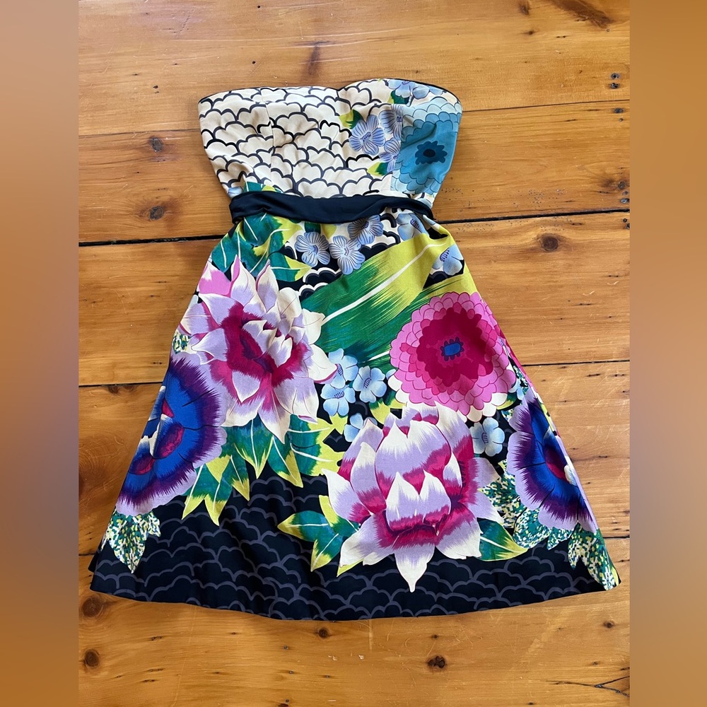 🎨🌸Anthropologie Multicolor Floral Strapless Dress, Size 0🌸🎨